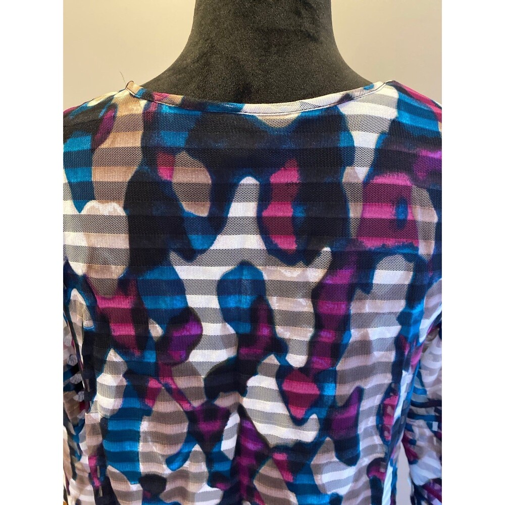 Dana Bachman Blouse Sz Medium Top Sheer Overlay Purple Green Black Rounded Neck - Picture 6 of 12
